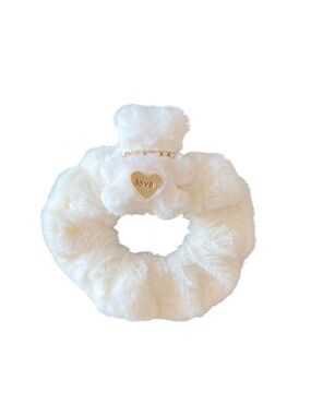 White Love Heart Rhinestone Necklace Stuffed Plush Faux Fur Scrunchie Hair Tie